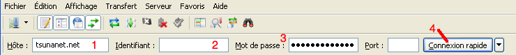 Hote: tsunanet.net, identifiant, mot de passe, Connexion rapide